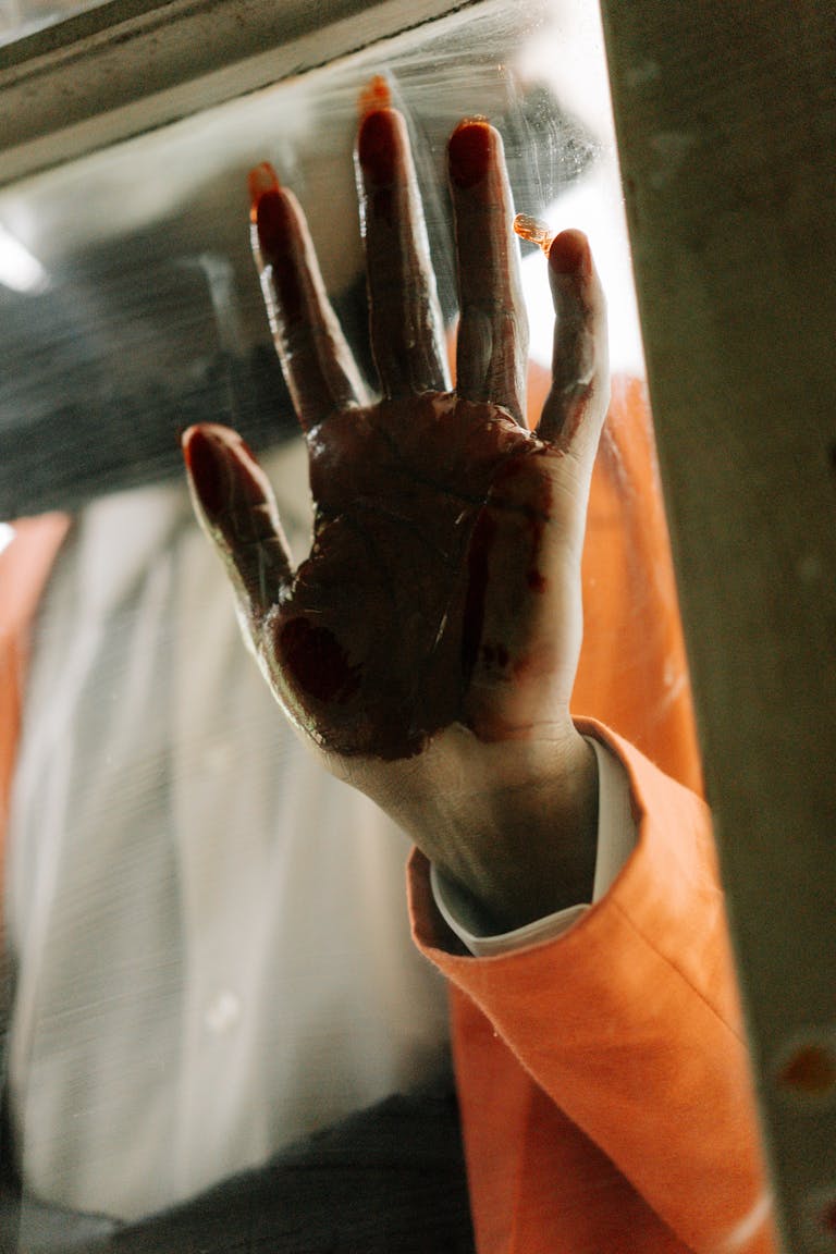 A blood-covered hand pressed against a glass surface evokes horror and suspense.
